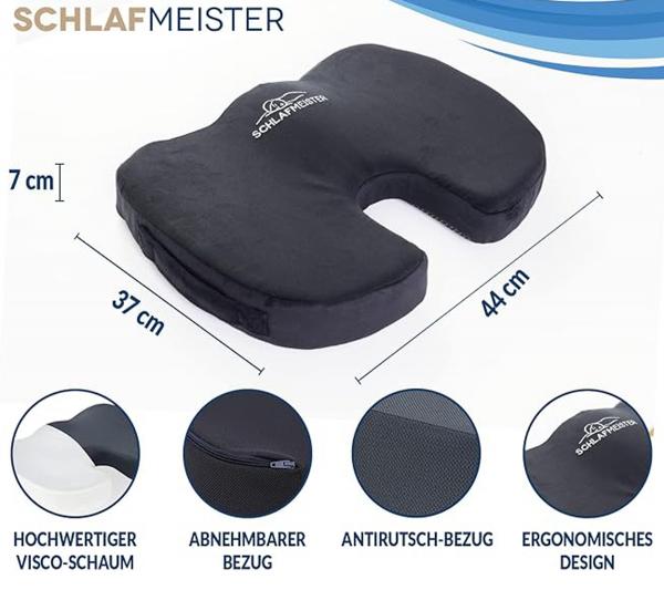 orthop&auml;disches SCHLAFMEISTER Badger Sitz-Kissen OEKO-TEX zertifiziert Stei&szlig;bein-Kissen 44x37x7cm Schwarz