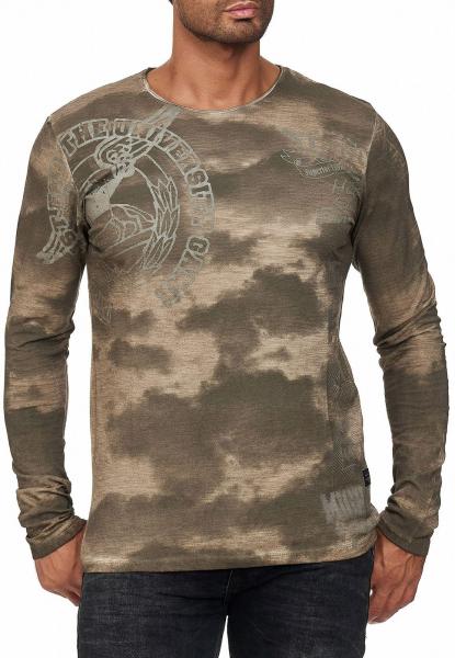 L&auml;ssiges Herren Longsleeve Rundhals Washed Print Design Slim Fit Langarm-Shirt 10144 Khaki