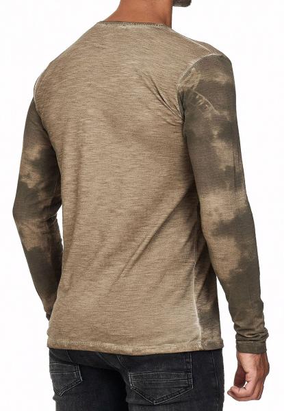 L&auml;ssiges Herren Longsleeve Rundhals Washed Print Design Slim Fit Langarm-Shirt 10144 Khaki