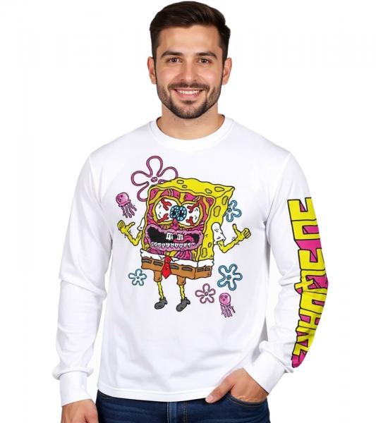RE:COVERED X nickelodeon Herren Langarm-Shirt SpongeBob Schwammkopf Design Baumwoll-Pullover Rundhals-Shirt RCVCM688 Wei&szlig;