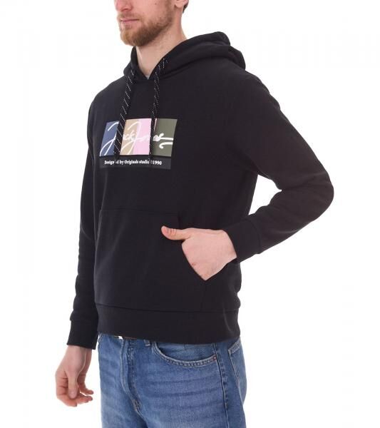 JACK & JONES Herren Kapuzen-Pullover mit Baumwollanteil Langarm-Shirt mit farblichen Akzenten 12262421 Schwarz