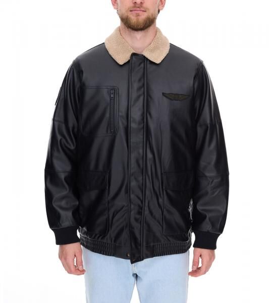 Herren Piloten-Jacke aus Lederimitat stylische Outdoor-Jacke mit Teddykragen 950871 Schwarz