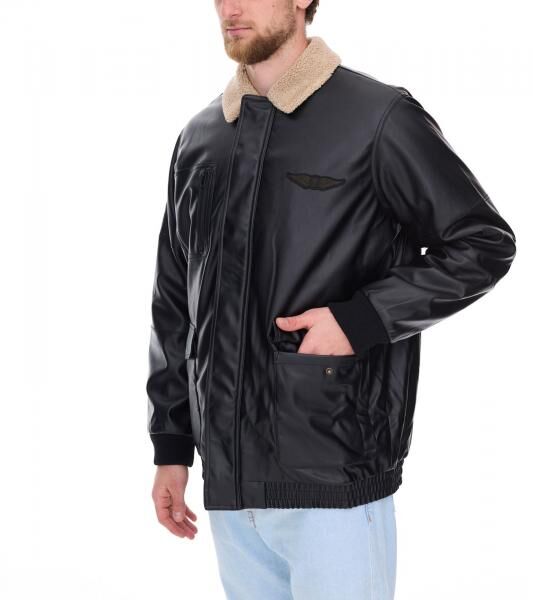 Herren Piloten-Jacke aus Lederimitat stylische Outdoor-Jacke mit Teddykragen 950871 Schwarz