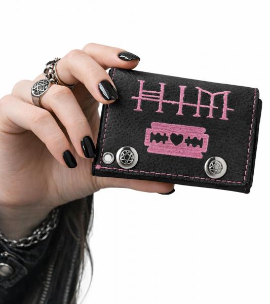 HIM Leder-Geldb&ouml;rse mit pinkem Heartagram-Motiv Metalldruckkn&ouml;pfen und Kette Rockiger Gothic-Style LW825951HIM0 Schwarz/Pink