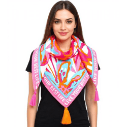 ZWILLINGSHERZ Best Life Vierecks-Tuch mit Statement Print und abstrakten Blüten Mode-Tuch 3016Q-2907-51 Pink/Orange/Bunt