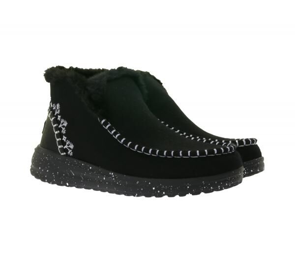 HEY DUDE Denny Faux Damen Schlupf-Stiefelette mit Kunstlammfellfutter und Wechselfu&szlig;bett 40208-001 Schwarz