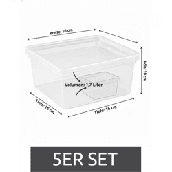 5er Set plast team Aufbewahrungsbox je 1,7 Liter Fassungsvermögen Stapelbare Vorratsboxen mit Deckel 8360926 Transparent/Weiß
