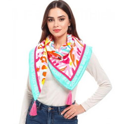 ZWILLINGSHERZ Blumentraum Vierecks-Tuch mit Blumen und Good Vibes Only Print Mode-Tuch 3016Q-0208-21 Pink/Türkis/Bunt