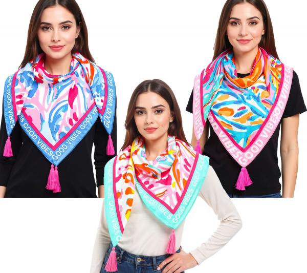ZWILLINGSHERZ Vierecks-Tuch mit Blumen oder Korallen und Good Vibes Only Print Mode-Tuch 3016Q Pink/T&uuml;rkis, Blau/Pink oder Pink/Bunt