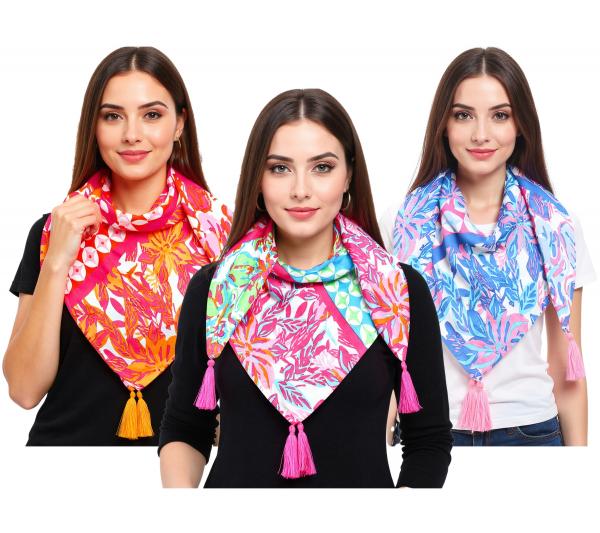 ZWILLINGSHERZ Hawaii Blume Vierecks-Tuch mit Blumen und Ornamenten Mode-Tuch 3016Q-2907 in Orange, Blau oder Pink Bunt