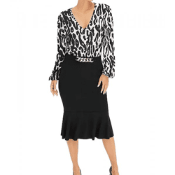 stilsicheres Damen Midi-Kleid Sommer-Kleid mit Blusenoberteil und Bleistift-Rock Business-Kleid 912462 Schwarz/Weiß