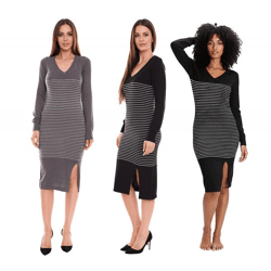 AjC Damen Pullover-Kleid gestreift Midi-Kleid Strick-Kleid in Grau, Schwarz oder Blau