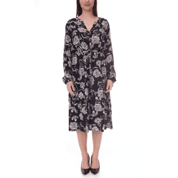 Tamaris Women's Midi Dress with Long Sleeves, Woven Dress with V-Neck 28185858 Black/Beige