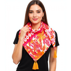 ZWILLINGSHERZ Hawaii Blume Vierecks-Tuch mit Blumen und Ornamenten Mode-Tuch 3016Q-2907-90 Orange/Pink