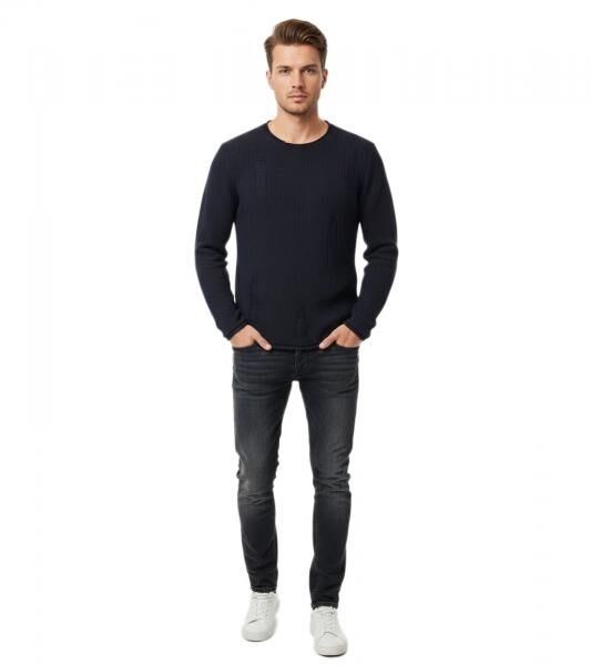 Modern Men's Knit Sweater in a Distressed Look: Slim-Fit Crew Neck Sweater with Textured Knit 13249 Navy 