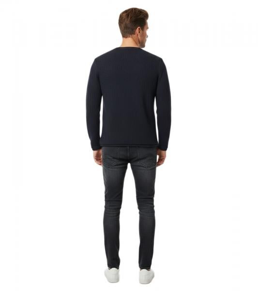 Modern Men's Knit Sweater in a Distressed Look: Slim-Fit Crew Neck Sweater with Textured Knit 13249 Navy 
