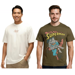 RE:COVERED X SUPERMAN DC Herren T-Shirt mit Comic-Print Baumwoll-Shirt Rundhals-Shirt RCWARN55 in Ecru-Weiß oder Khaki