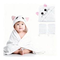 Super-soft bloomborn Baby Bath Towel Set: Hooded Towel with Cat Design, Includes 2 Washcloths; Cotton Bath Towel, 75 x 75 cm, White