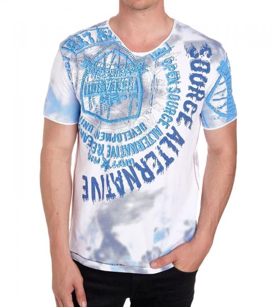 Herren T-Shirt mit Strasssteinen Print Baumwoll-Shirt stylisches Kurzarm-Shirt R-15163 Wei&szlig;
