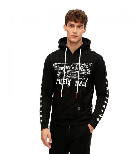 Trendiger Hoodie f&uuml;r Herren mit plakativem Frontprint Kapuzen-Pullover mit K&auml;ngurutasche Sweater 19138 Schwarz
