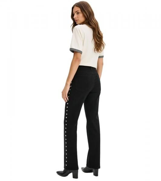 extravagante Damen Twill-Hose modern geschnittene Alltags-Hose mit Nieten Slim-Fit 974561 Schwarz