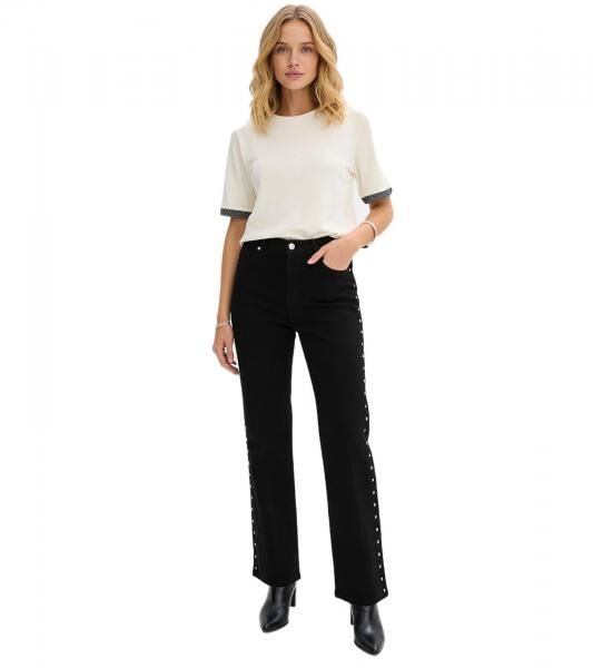 extravagante Damen Twill-Hose modern geschnittene Alltags-Hose mit Nieten Slim-Fit 974561 Schwarz
