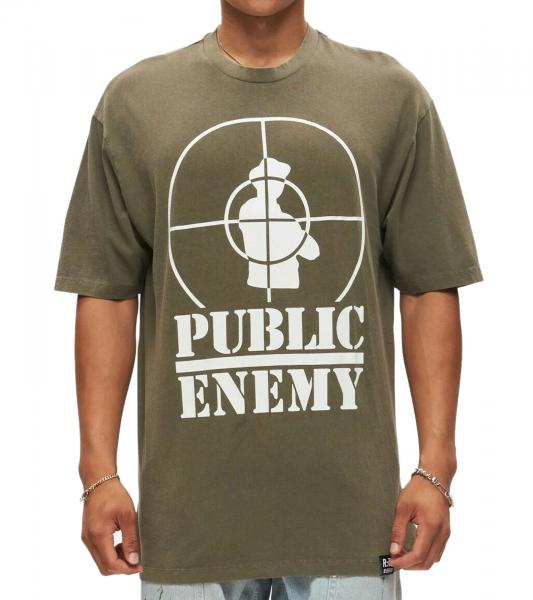 RE:COVERED X PUBLIC ENEMY Herren T-Shirt Baumwoll-Shirt mit gro&szlig;em Print Rundhals-Shirt RCBVD3836 Khaki