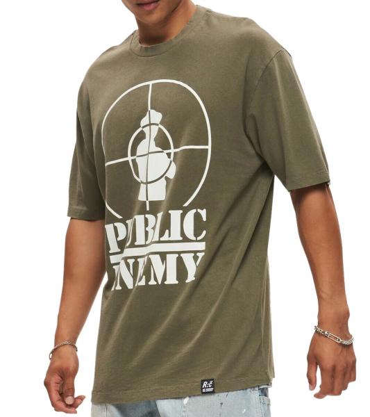RE:COVERED X PUBLIC ENEMY Herren T-Shirt Baumwoll-Shirt mit gro&szlig;em Print Rundhals-Shirt RCBVD3836 Khaki