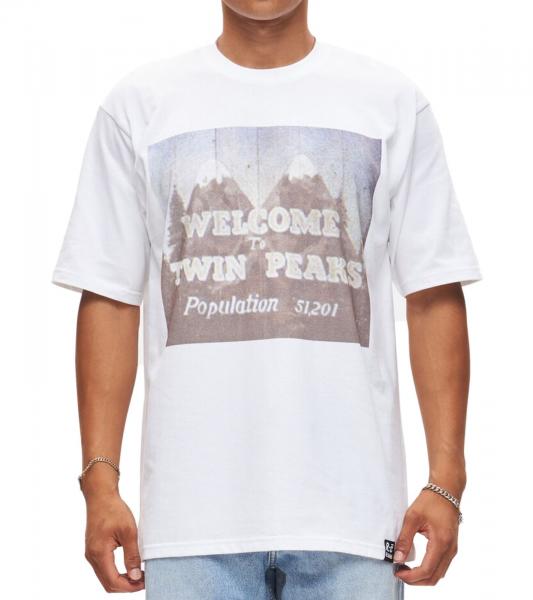 RE:COVERED X Twin Peaks Herren T-Shirt mit gro&szlig;em Front-Print Baumwoll-Shirt Kurzarm-Shirt RCVCM692 Wei&szlig;