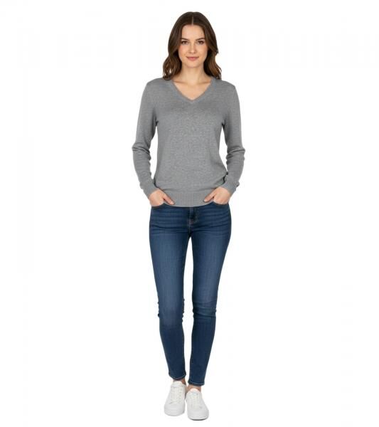 Stylischer Damen Strick-Pullover mit V-Ausschnitt Premium-Baumwolle 133-015 Grau