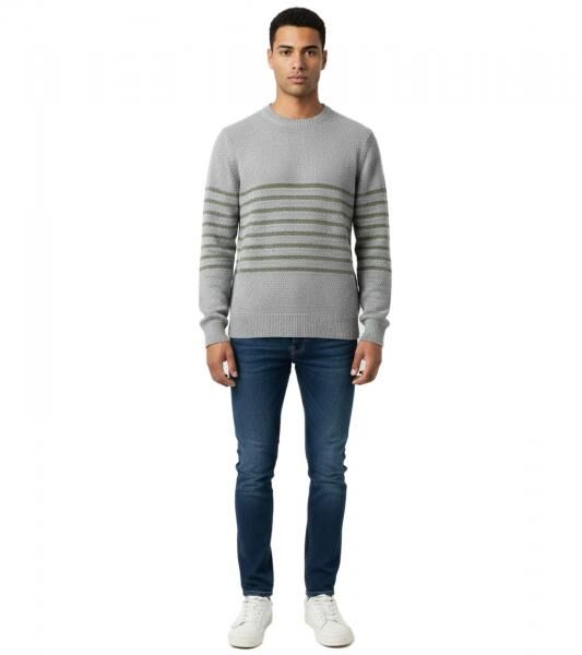 Stylischer ESPRIT Herren Strick-Pullover mit Streifen Rundhals-Sweater Baumwoll-Pullover Grau