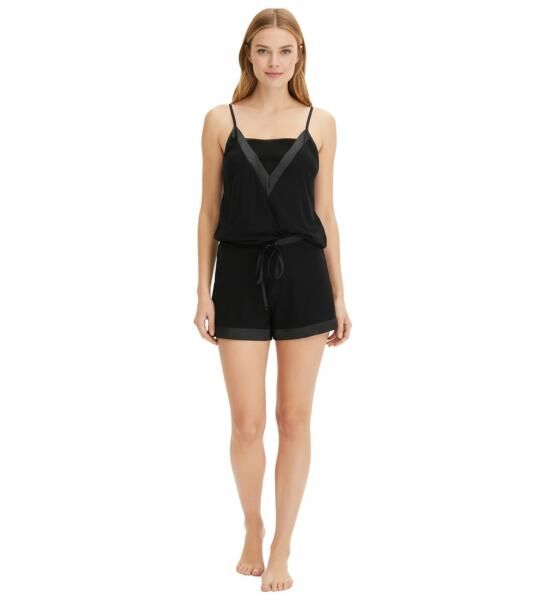 eleganter Damen Pyjama 2-teiliger Baumwoll-Shorty mit Satinbesatz kurzes Schlafanzug-Set bestehend aus Ober- und Unterteil 936951 Schwarz