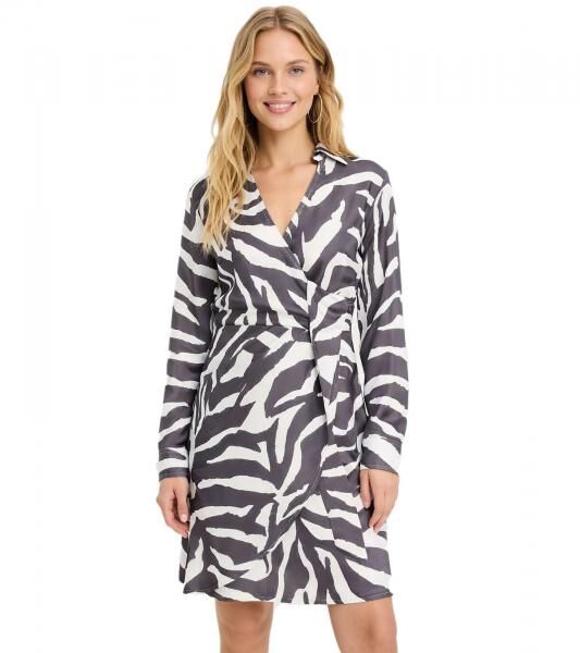 weich flie&szlig;endes Damen Mini-Kleid Wickel-Kleid mit Zebra-Muster Langarm 909393 Schwarz/Wei&szlig;