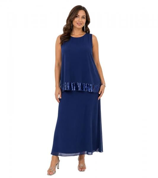 Damen Maxi-Kleid aus feinem Georgette mit Pailletten Ausgeh-Kleid &auml;rmellos 975925 Dunkelblau