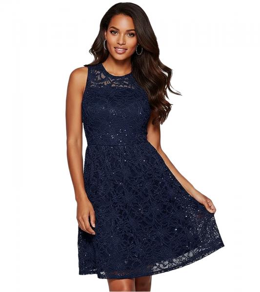 feminines Damen Abend-Kleid mit sch&ouml;ner Spitze und Pailletten Mini-Kleid 925997 Blau
