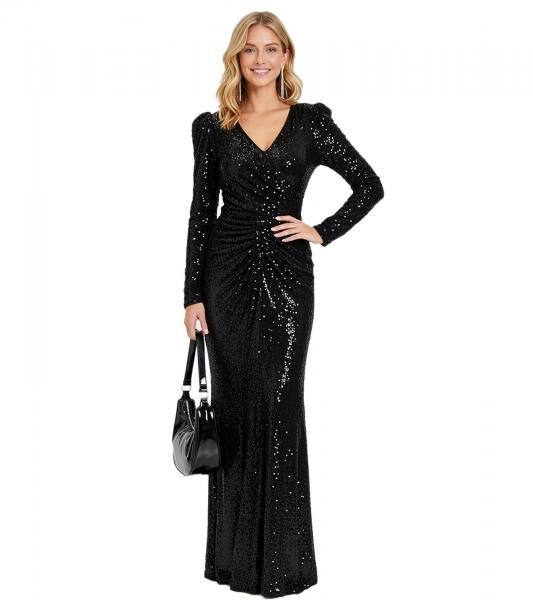funkelndes Damen Abend-Kleid lang&auml;rmliges Pailletten-Kleid Maxi-L&auml;nge 950315 Schwarz