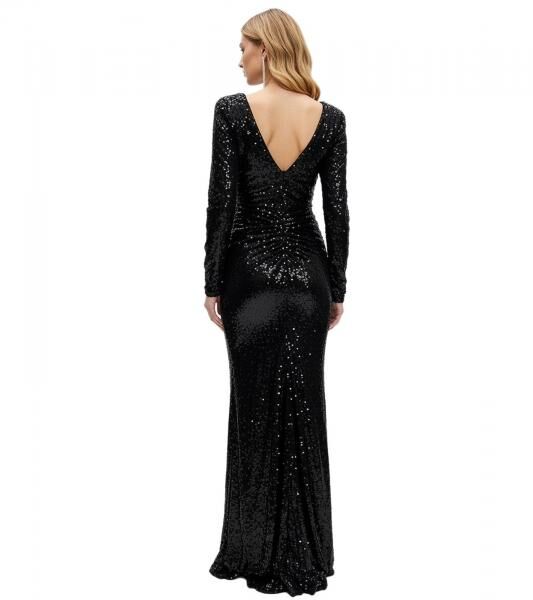 funkelndes Damen Abend-Kleid lang&auml;rmliges Pailletten-Kleid Maxi-L&auml;nge 950315 Schwarz