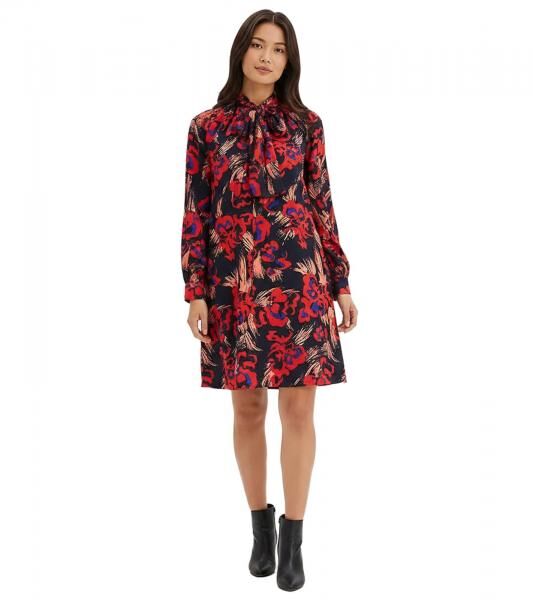 weites Damen Mini-Kleid mit Blumen-Muster und Schluppe Chiffon-Kleid 937133 Blau/Rot/Bunt