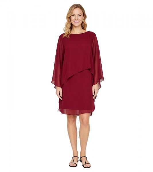 elegantes Damen Abend-Kleid Chiffon-Kleid mit langen &Auml;rmeln Cocktail-Kleid 936983 Bordeaux-Rot