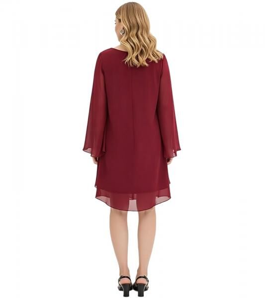 elegantes Damen Abend-Kleid Chiffon-Kleid mit langen &Auml;rmeln Cocktail-Kleid 936983 Bordeaux-Rot