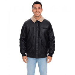 Herren Piloten-Jacke aus Lederimitat stylische Outdoor-Jacke mit Teddykragen 950871 Schwarz