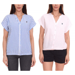DELMAO Damen Sommer-Bluse gestreift Kurzarm-Bluse Sommer-Shirt Rosa/Weiß oder Blau/Weiß