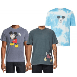 RE:COVERED X Disney Herren T-Shirt mit Mickey Mouse Print Baumwoll-Shirt im Batik Look Rundhals-Shirt Dunkelblau, Blau Batik oder Grau