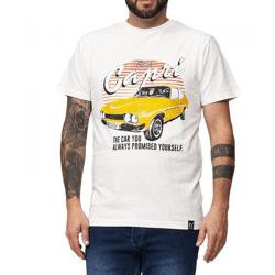 RE:COVERED X MUSTANG Men's T-Shirt with Ford MUSTANG Print, Cotton T-Shirt, Crew Neck, MMFRD386, Ecru-White