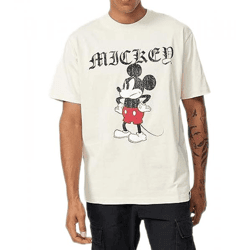 RE:COVERED X Disney Men's T-Shirt with Grumpy Mickey Mouse Print Cotton Shirt with Large Lettering Crew Neck Shirt MMDIS2690 Beige