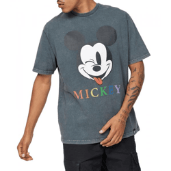 RE:COVERED X Disney Men's T-Shirt with Mickey Mouse Head and Colorful Lettering Print Cotton T-Shirt Crew Neck T-Shirt MMDIS2683 Gray