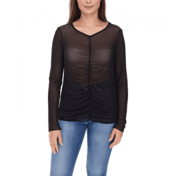 Aniston CASUAL Damen Langarm-Shirt durchsichtiger Alltags-Pullover mit V-Ausschnitt Sommer-Shirt 90880825 Schwarz