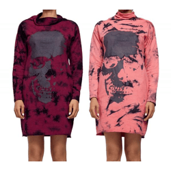 ROCKUPY Women's Sweatshirt Dress with Skull Print, Long-Sleeve Sweatshirt Dress 393822 Bordeaux Red or Pink
