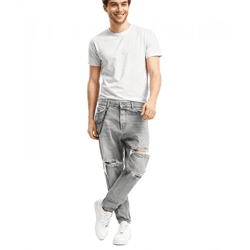 2Y Premium Quinn Herren Karotten-Jeans im Destroyed-Look Baumwoll-Hose inklusive Schlüsselkette Denim-Hose Grau