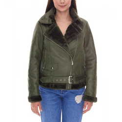 Women's Biker Jacket, Transition Jacket with Lapel Collar, Faux Leather Jacket 923116 Green